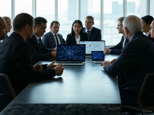 A diverse group of professionals participate in a high-stakes business meeting around a table, using laptops with data visualizations.