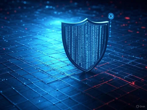 A digital security shield displays binary code, symbolizing cybersecurity on a glowing, futuristic grid.