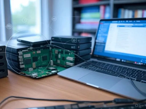 A workspace with a laptop, several external hard drives, a disassembled circuit board, and a blurred background of books.