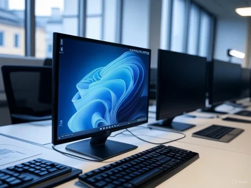 An office workspace with multiple computer monitors and keyboards on a white desk near large windows.