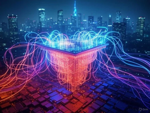 A digital illustration of a futuristic cityscape with glowing, colorful data streams originating from a central cube structure.