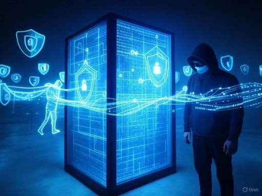 A hooded hacker observes digital security shields and data streams at a high-tech cybersecurity exhibit.