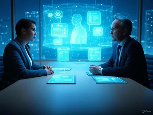 Two professionals in a high-tech discussion about digital identity or AI, with holographic data displays between them.