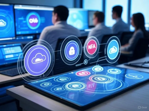 A group of professionals monitors digital security icons and data projections in a high-tech office setting.