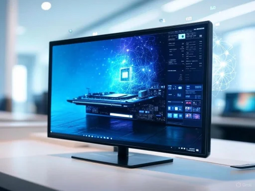 A computer monitor displays a futuristic digital interface with a floating circuit board and network graphics.