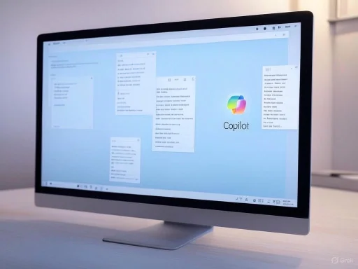 A desktop computer displays the Copilot software interface with multiple open windows and notes in a clean workspace.