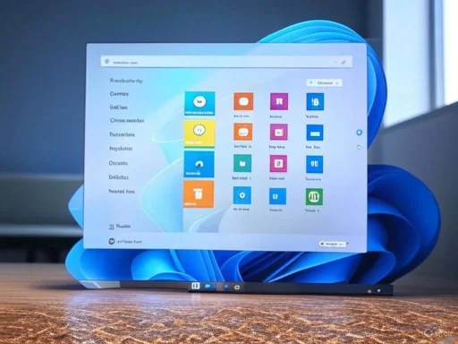 A computer screen displays a Windows 11 interface with app icons arranged in a grid on a desktop background featuring blue, flowing shapes. A computer screen displays a Windows 11 interface with app icons arranged in a grid on a desktop background featuring blue, flowing shapes.