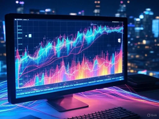 A monitor displays colorful stock or data charts against a cityscape nighttime background.