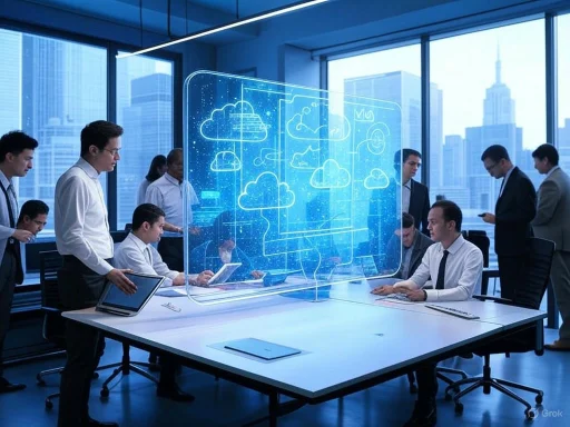 Business professionals in a modern conference room analyze cloud computing graphics projected on a transparent screen.