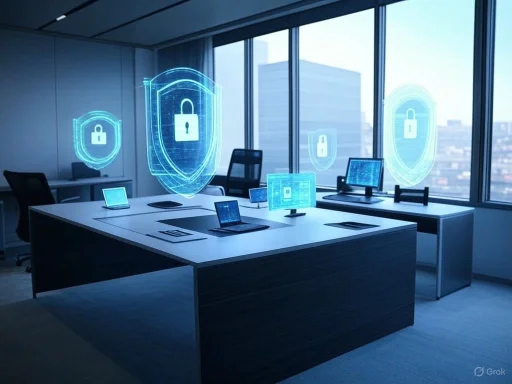 A modern office with digital security shields projected over laptops and screens, emphasizing cybersecurity. A modern office with digital security shields projected over laptops and screens, emphasizing cybersecurity.