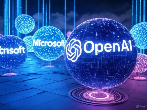 Futuristic glowing globes showcasing OpenAI and Microsoft logos in a high-tech digital environment.
