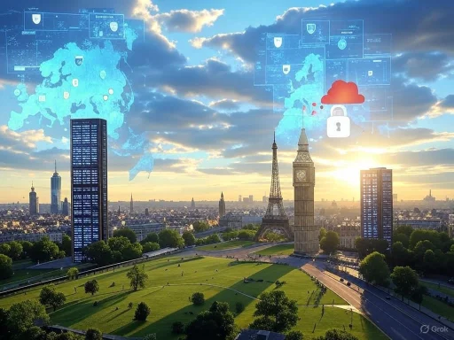 Paris cityscape with digital data overlays, symbolizing smart city technology and cybersecurity.
