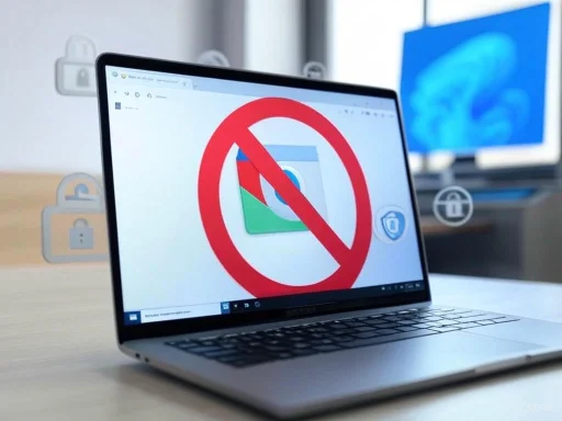 A laptop screen displays a red prohibition sign over a Google Chrome icon, indicating restricted or blocked access. A laptop screen displays a red prohibition sign over a Google Chrome icon, indicating restricted or blocked access.