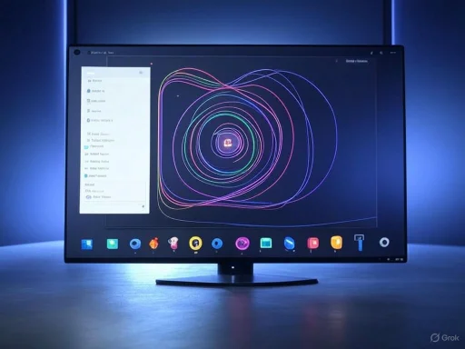 A sleek, modern monitor displays colorful, swirling lines against a dark background in a dimly lit room.