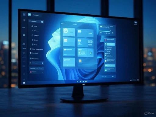 A computer monitor displays a tech interface against a city skyline at dusk. A computer monitor displays a tech interface against a city skyline at dusk.
