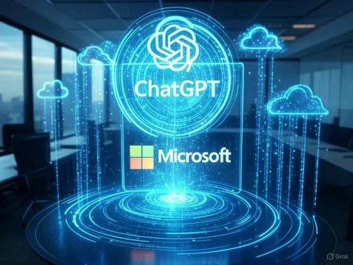 A digital hologram displays the ChatGPT and Microsoft logos with cloud icons in a modern conference room setting.