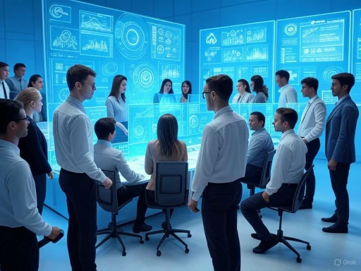A group of professionals in business attire gather around a high-tech control room with holographic data displays.