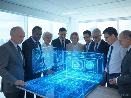 Business professionals observe futuristic digital hologram of technological interfaces in a modern office.