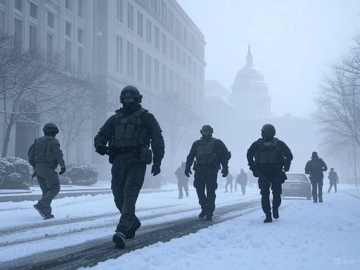 Armed personnel patrol a snow-covered city street during foggy weather, near government buildings.