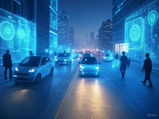 Futuristic city street with autonomous cars and holographic digital displays at night.