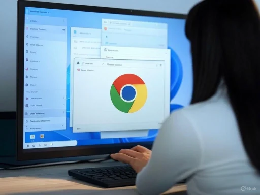 A person is working on a computer with multiple open windows, prominently displaying the Google Chrome logo.