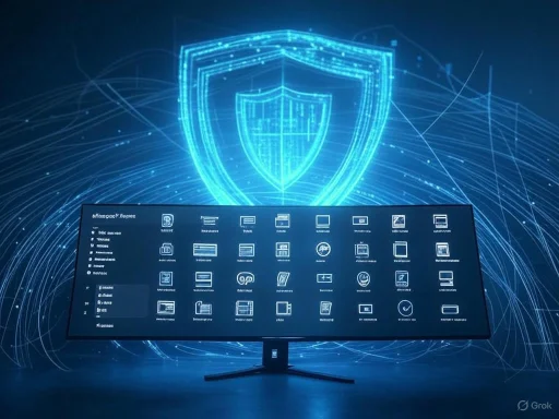 A digital screen displays security or network icons with a glowing shield symbol in the background.
