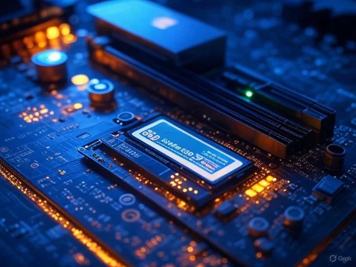 Close-up of a computer motherboard with an SSD installed, illuminated by blue and orange LED lights.