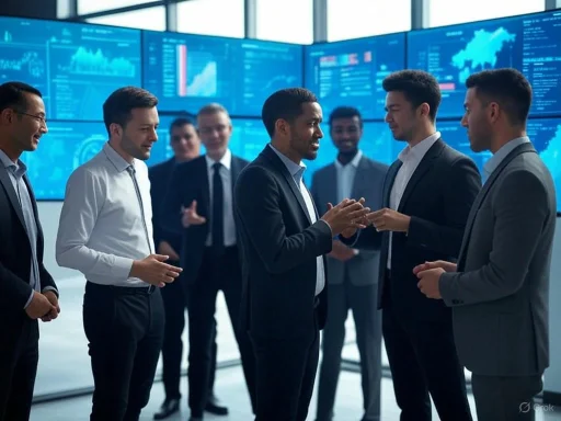 Business professionals in a high-tech trading room engaged in a discussion with multiple digital screens displaying data in the background.