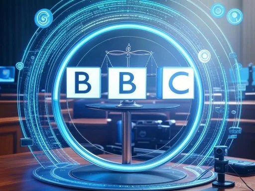 Futuristic digital display showcasing the BBC logo with a legal scale, set in a high-tech conference room. Futuristic digital display showcasing the BBC logo with a legal scale, set in a high-tech conference room.