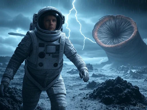An astronaut encounters a giant, mysterious turbine-like structure during a stormy extraterrestrial landscape.