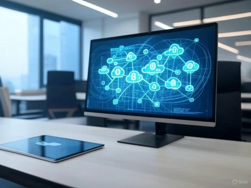 A computer monitor displays a digital network with cloud and security icons in a modern office setting. A computer monitor displays a digital network with cloud and security icons in a modern office setting.