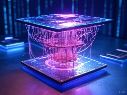 A glowing, holographic digital cube with intricate wiring and neon lights in a futuristic presentation.