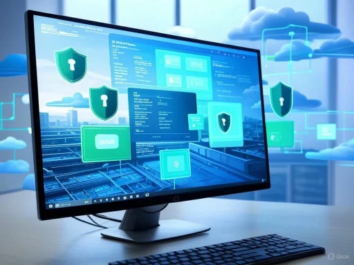 The image shows a computer monitor displaying cybersecurity software with shield and lock icons, set against a cloud and data network background.