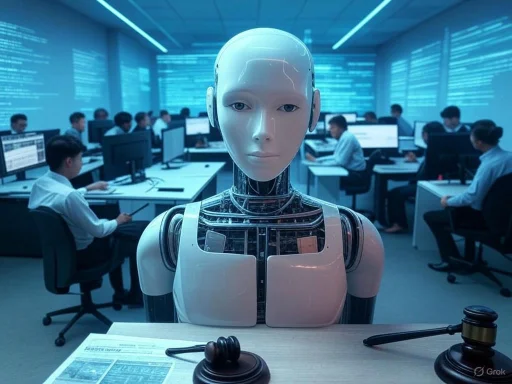 A humanoid robot in a control room filled with programmers working on computers, with a gavel in the foreground.