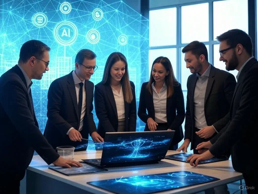 Business professionals discussing AI technology in a modern conference room with digital graphics.