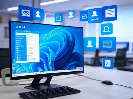 A computer screen displaying Outlook with floating icons representing various communication and contact options.