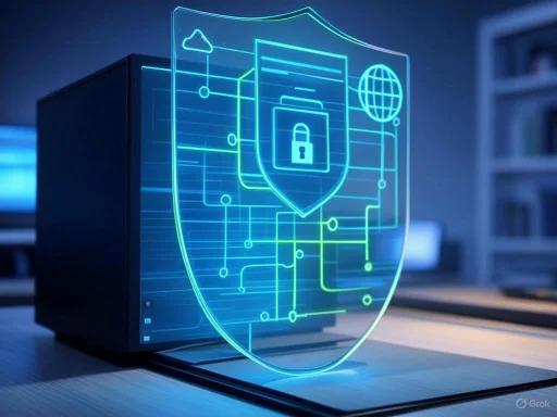 A digital hologram of a security shield with a lock, symbolizing cybersecurity, projected over a computer.