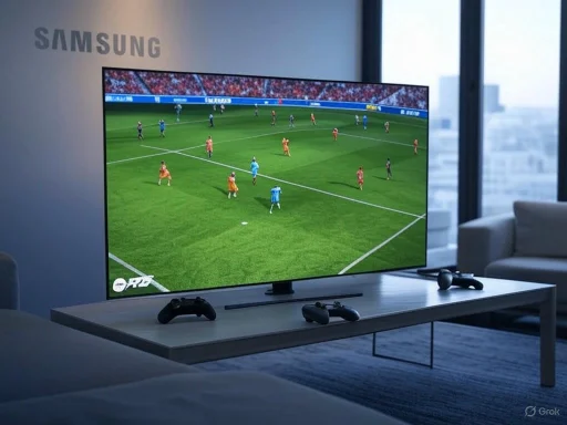 A Samsung TV displays a soccer game in a modern living room with gaming controllers on the table. A Samsung TV displays a soccer game in a modern living room with gaming controllers on the table.