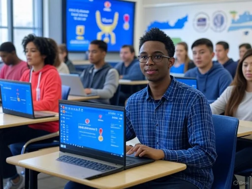 A diverse group of students attentively listening in a classroom with laptops, focusing on a presentation about cybersecurity.