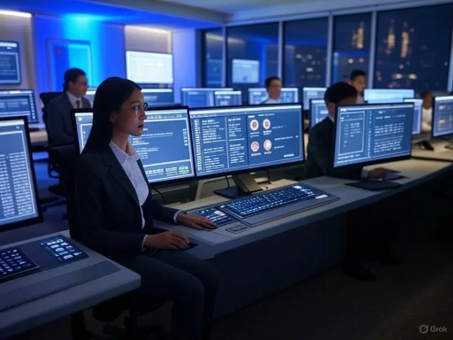 A team of professionals monitoring multiple screens in a high-tech control room at night.