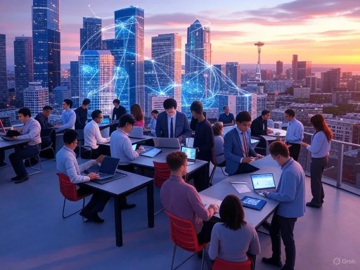 Business professionals work on laptops on a rooftop with a city skyline and digital network graphics in the background.