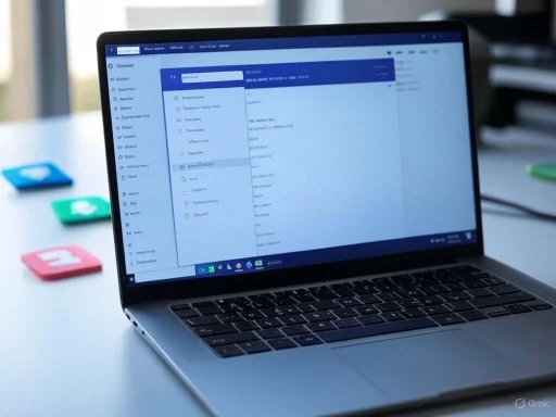 A laptop displaying an email client, with colorful session cards on a bright white desk.