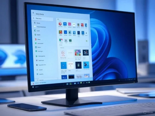 A computer monitor displays a Windows interface with app icons and a blue abstract background.