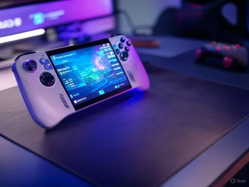 A handheld gaming console with a screen displaying a space-themed game, placed on a desk with gaming accessories.