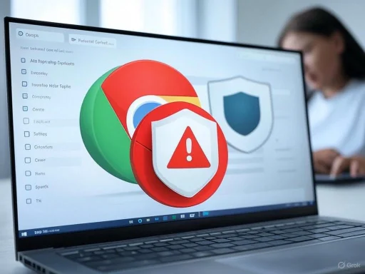A laptop screen displays a warning icon over security and browser graphics, indicating a potential cybersecurity issue.