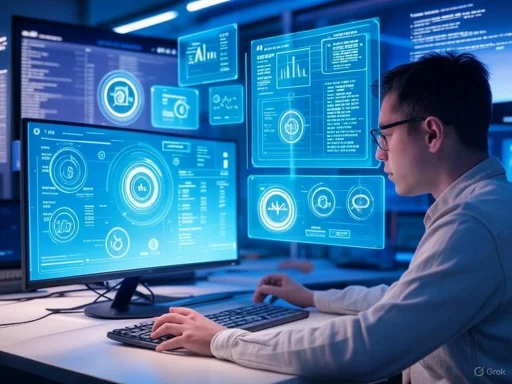 A man monitors advanced data analytics on multiple holographic screens in a high-tech digital environment.