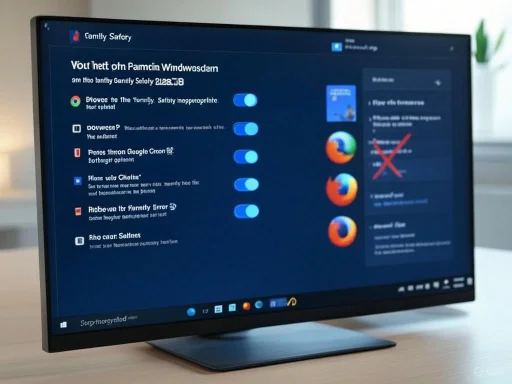 A computer monitor displays a security settings interface with toggles and Firefox icons on a desk. A computer monitor displays a security settings interface with toggles and Firefox icons on a desk.