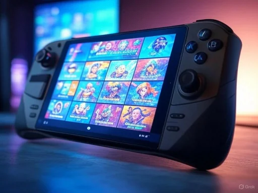 A handheld gaming device displaying a colorful game or app interface, with a blurred digital screen in the background.