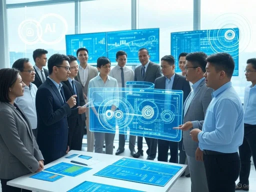 A team of professionals discussing innovative data visualizations and AI technology in a modern office setting.