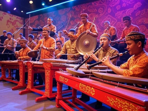 A group of musicians in traditional clothing playing various percussion and wind instruments on stage.
